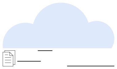 Belge ve veri yüklemesini gösteren minimalist çizgilere sahip bulut simgesi. Bulut hesaplama, veri yönetimi, dijital paylaşım, çevrimiçi depolama, veri değişimi, bilişim sistemleri, düz basit metafor