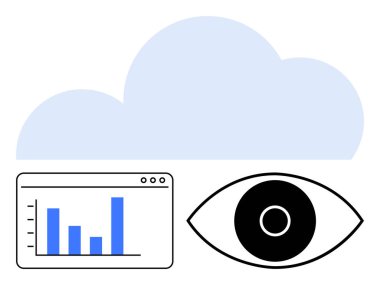 Veri tablosunun üzerinde gezinen bulut ve bir göz veri analizlerini, gözlemlemeyi, sezgileri, bulut hesaplamasını ve veri görselleştirmesini sembolize ediyor. Teknoloji, iş, yenilik ve verimlilik için ideal