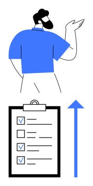 İnsan, ilerlemeyi ve büyümeyi gösteren yukarı ok ile birlikte tamamlanmış görevlerle birlikte kontrol listesine doğru hareket eder. Hedef belirleme, üretkenlik, görev yönetimi, öz gelişim, motivasyon ve planlama için ideal