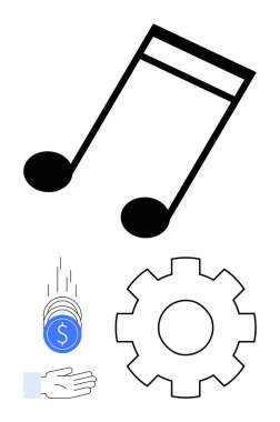 Müzikal nota, bozuk para atan el ve vites sembolü yaratıcılık, finans ve mekaniği gösteriyor. Müzik endüstrisi, ekonomi, yenilik, yatırım verimliliği ve teknoloji temaları için ideal