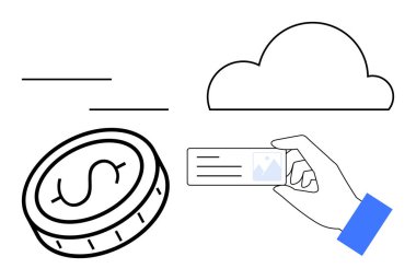 Sanal ödemeleri, online bankacılığı ve dijital depolamayı sembolize eden bulut ve madeni para simgesinin yanında el ele tutuşan dijital kart. Fintech, ekonomi, e-ticaret, güvenlik, yenilik, minimalizm için ideal