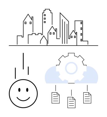 Bulut ve teçhizata bağlı gülen yüz bulut veri senkronizasyonunu sembolize ediyor. Arka planda şehir manzarası var. Teknoloji, iletişim, takım çalışması, yenilik, verimlilik, bağlantı süreci için ideal