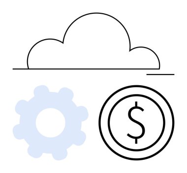 Açık mavi bir dişlinin üzerinde bulut çizgisi ve dolar işaretli bir bozuk para. Bulut hesaplama, teknoloji, yenilik, finans, verimlilik, dijital dönüşüm, basit iniş sayfası için ideal
