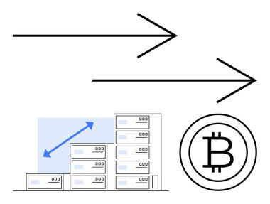 Bitcoin logosu, sunucu yığınları, yukarı doğru eğilim grafiği, kalın oklar veri akışını, hareketi, ilerlemeyi temsil ediyor. Engelleme zinciri, kripto para birimi teknolojisi madencilik yenilik yatırımını finanse etmek için ideal. Düz