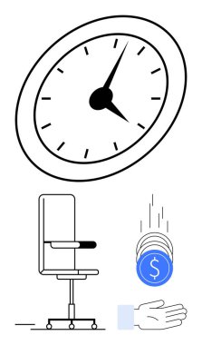 Büyük saat, ofis sandalyesi ve bir elin içine düşen bozuk paralar. Çalışma verimliliği, zaman yönetimi ve finansal başarıyı temsil ediyor. İş için ideal, verimlilik, tasarruf girişimleri kazanç zamanlaması