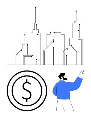 Devrelerle bağlantılı teknik entegre gökdelenler, büyük para birimi işareti, profesyonel jestler. Fintech, kentsel yenilik, dijital ekonomi, akıllı şehirler, yatırım, geleceksel tasarım için ideal