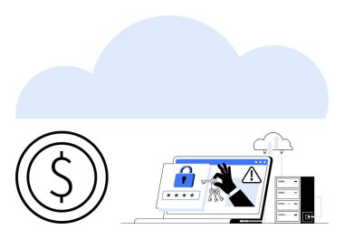 Güvenlik ihlali uyarısı olan dizüstü bilgisayar, hackerların eli, sunucu yığınları, bulut grafiği ve para sembolü. Siber güvenlik, veri gizliliği, bulut depolama, finansal kayıp sızma riski için ideal