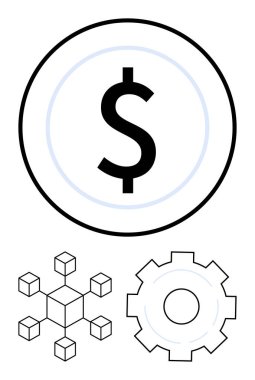Çemberin içindeki dolar işareti, bağlı küp yapısı ve dişli tekerlek finans, engelleme zinciri, otomasyon, büyüme, yenilik, teknoloji ve işlemleri sembolize eder. Fintech tasarımları için ideal ya da basit