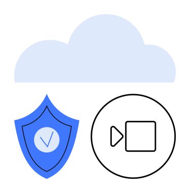 Bulut, işaretli kalkan, dijital depolamayı sembolize eden video ikonu, güvenli veri erişimi ve video paylaşımı. Teknoloji, bulut hizmetleri, siber güvenlik, video platformları veri gizliliği için ideal