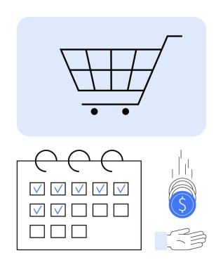 Alışveriş arabası, kontrol işaretli program, el yapımı bozuk paralar. E-ticaret, çevrimiçi ödeme, bütçe, perakende planlama, abonelik hizmeti, finansal uygulamalar için ideal