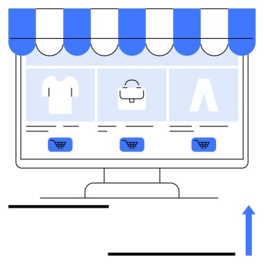 Giysileri, aksesuarları, alışveriş arabasının düğmeleri ve tenteleri olan bir online mağazayı gösteren bilgisayar ekranı. E-ticaret, perakende, moda, teknoloji, alışveriş işi için ideal. Basit iniş sayfası.