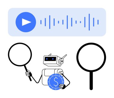 Büyüteçle ses verilerini inceleyen ve bozuk para tutan bir robot. Yapay zeka, ses tanıma, fintech, veri analizi, yenilik, problem çözme, dijital teknoloji için ideal. Düz basit metafor