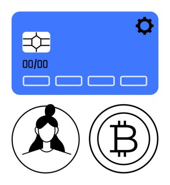 Çip ve ayar simgesi olan ödeme kartı, dairesel kullanıcı profili silueti ve Bitcoin kripto para birimi logosu. Finans, dijital ödemeler, teknoloji, engelleme zinciri, güvenlik, işlemler için ideal