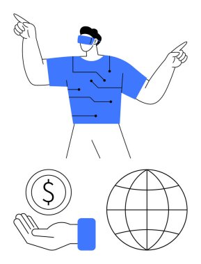 VR kulaklık takan, devreden esinlenilmiş gömlek, bozuk para ve küreyle el. Sanal gerçeklik, teknoloji, yenilik, küresel bağlantılar, fintech futuristik kavramlar için idealdir.