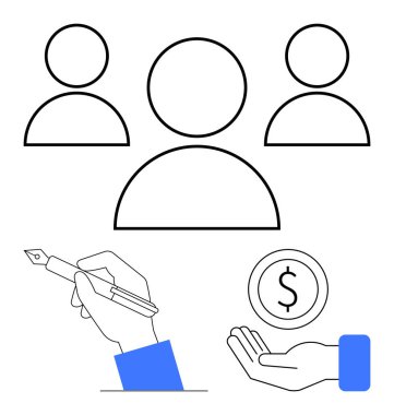 Soyut insan figürleri, yaratıcılık için el ele tutuşma, maddi destek için para. Takım çalışması, liderlik, yaratıcılık, finans, işbirliği, minimalizm için ideal basit iniş sayfası