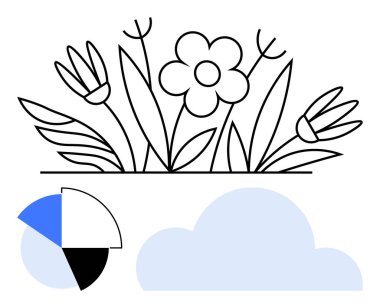 Siyah çizgili yaprak ve saplı çiçekler mavi ve siyah bölümlü turta grafiği ve soyut bulut. Doğa, veri, büyüme, ekoloji, analitik basitlik eğitim temaları için idealdir. Düz