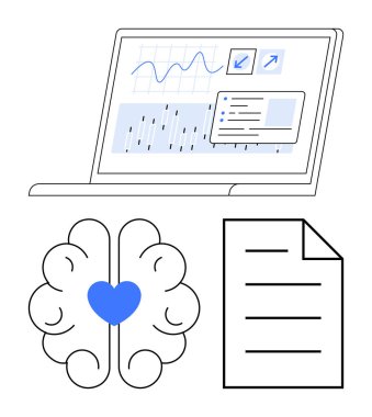 Kalp sembollü beyin, analitik dizüstü bilgisayar ekranı ve rapor taslağı duygusal zekayı, analizi ve belgeleri akla getiriyor. Analiz, yapay zeka, sağlık ve yenilik eğitimi için ideal