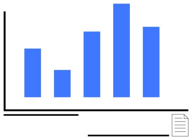 Bir ızgarada dört dikey çubuklu mavi çizelge, yanında da bir belge simgesi var. Veri analizi, iş büyümesi, mali eğilimler, piyasa araştırması, rapor oluşturma, performans için ideal