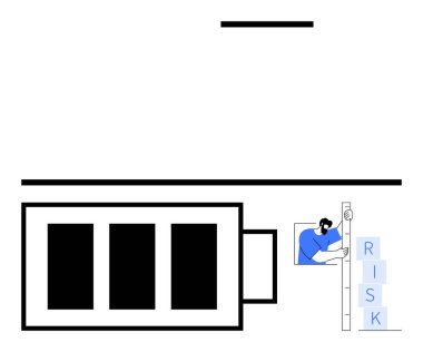 Yapılandırılmış bir binanın yanında risk blokları olan bir kol kullanan kişi. Karar verme, proje yönetimi, risk değerlendirmesi, iş stratejisi, istikrar, güvenlik, basit iniş sayfası için ideal