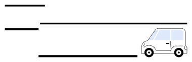 Kalın paralel çizgiler boyunca giden küçük araba dinamik hareket, hız ve yolculuk anlamına gelir. Ulaşım, seyahat, minimal tasarım, hız metaforu, otomotiv endüstrisi, basitlik düzlüğü için ideal