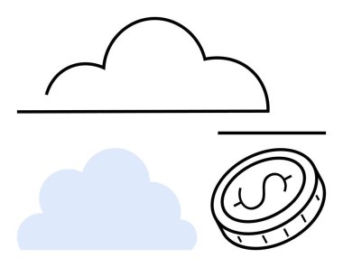 İki basit bulut simgesi, biri ana hatları çizilmiş, biri de madeni para ile eşleştirilmiş, maliyet tasarrufu veya bulut hizmetlerini simgeliyor. Finans, teknoloji, bulut depolama, tasarruf, yatırım, fintech basit