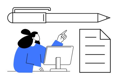 Kadın, bilgisayar ekranını büyük boyutlu kalem ve belgelerle işaret ederek yaratıcılığı, odaklanmayı ve çalışmayı sembolize ediyor. Eğitim, beyin fırtınası, yazı, organizasyon ve yaratıcılık için ideal