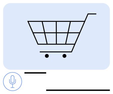 Boş bir alışveriş arabası ikonu, ses etkileşimi için küçük bir mikrofon. E-ticaret, mobil uygulamalar, dijital perakende, kullanıcı deneyimi, alışveriş yeniliği, ses asistanı, düz basit metafor için ideal