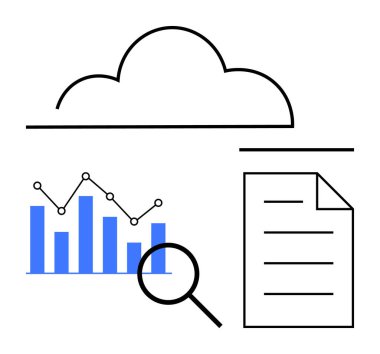 Çubuk grafiğin üzerinde bulut ve analiz edici veri, belgenin yanında. Veri analizi için ideal, bulut hesaplama, iş, teknoloji, araştırma, yenilik raporları. Düz basit metafor