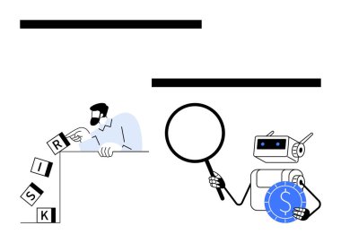 Düşen risk bloklarını dengeleyen bir adam ve büyüteçle para kontrol eden bir robot. Risk yönetimi, teknoloji, finans, yapay zeka, analiz, problem çözme, düz basit