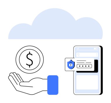 Telefonun yanında el ele tutuşma sembolü ve bulut grafiği altında güvenli şifre girişi. Fintech, güvenlik, finansal uygulamalar, bulut hizmetleri, çevrimiçi işlemler, teknoloji, basit iniş için ideal