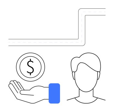 Dolar parası, profil taslağı ve asgari tasarım unsurlarıyla el, finansal yardıma vurgu yapıyor. Finans, kitle fonlama, ekonomi, yatırım, yardım, bağışta bulunmak için ideal