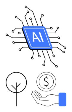 Devre, ağaç sembolü, dolar parası ve teknolojiyi, sürdürülebilirliği, ekonomiyi ve yardımı öneren el yapımı çip. AI ve teknolojik trendler için ideal ekolojik yenilik ekonomisi