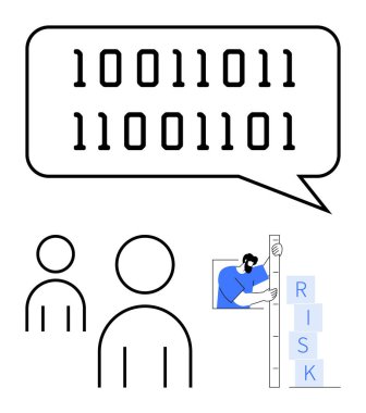 Konuşma balonunda ikili kod, iki soyut figür ve RISK etiketli blokları değerlendiren bir adam. Teknoloji, iletişim, risk analizi, veri işleme, takım çalışması, ölçüm için ideal