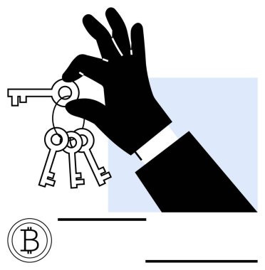 Bir takım anahtarları kavramak, erişimi, kontrolü ve güvenliği vurgulamak. Kripto para birimi sembolü dijital finans içeriği ekler. Fintech, güvenlik, erişim kontrolü, veri gizlilik engelleme zinciri için ideal