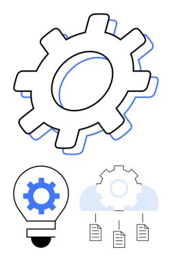 İnovasyonu sembolize eden vites, fikirler için ampul, veri paylaşımı için dokümanları olan bulut. Teknoloji, yenilik, işbirliği, süreç yönetimi, yaratıcılık, bulut çözümleri ve düz