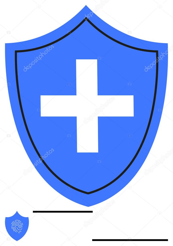 Large blue shield with white cross at center, fingerprint icon below. Highlights healthcare, safety, support, trust, privacy, cybersecurity and secure services. Ideal for simple landing page