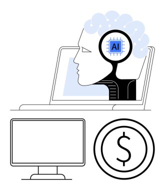 Laptop, beyin devresi, masaüstü ekranı ve para birimi simgesinden çıkan yapay zeka destekli insan profili. Teknoloji, yenilik, yapay zeka, finans, otomasyon teknolojisi için ideal. Basit bir iniş sayfası başlatıldı
