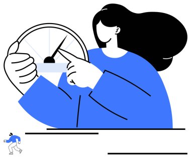 Kalın iğneli göstergeye bakan bir kadın. Performans, verimlilik, ölçüm, verimlilik, odaklanma, kontrol, iş güncellemeleri için ideal. Asgari düz metafor