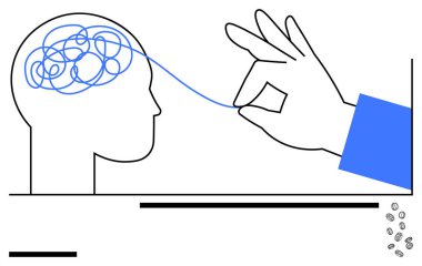Karışık bir beyin çizgisinden mavi bir iplik çekmek, problem çözmeyi, odaklanmayı, farkındalığı, yaratıcılığı, farkındalığı, bilişsel süreci, basit bir iniş sayfası için ideal