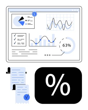Analitik gösterge paneli grafikler, çizelgeler, ilerleme çubukları, mali raporlar ve yüzdeleri gösteriyor. Finans, iş performansı, veri yönetimi, muhasebe verimlilik analizleri için ideal