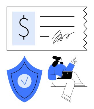 Dolar işareti ve imzayla kontrol et, mavi kalkan işaretli, dizüstü bilgisayarı yukarıya bakan kişi. Finans, dijital ödeme, güvenlik, kimlik doğrulama, teknoloji, güvenlik sade iniş için ideal