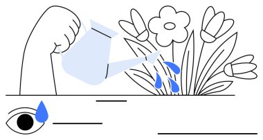 Çiçeklerin üzerine sulandırıcı ile su dökmek, gözyaşı damlası imgeleri bakım, büyüme ve yenilenme duygularını uyandırır. Empati, özbakım, esneklik, bahçıvanlar, sürdürülebilirlik için ideal.