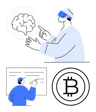 İnsan sanal beyinle artırılmış gerçekliği kullanarak etkileşime girer, beyaz tahta üzerindeki kavramları açıklar, bitcoin blok zinciri dijital para birimi olarak. AI, VR, engelleme zinciri, finans, teknoloji ve yenilik için ideal
