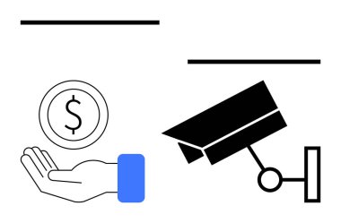 Bir CCTV kamerasıyla el ele tutuşan para, parasal güvenliği, korumayı, güvenliği, mali yönetimi ve izlemeyi sembolize eder. Güvenlik uygulamaları, fintech, bankacılık, kolluk kuvvetleri için ideal