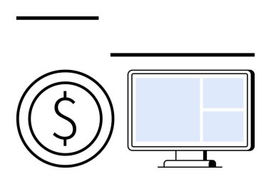 Izgara yerleşimi olan bir masaüstü ekranının yanında dolar para sembolü. Finans, yatırım, bankacılık, teknoloji, çevrimiçi işlemler, dijital iş, basit iniş sayfası için ideal