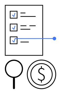 Mavi işaretli görev listesi arama için büyüteç ve finans için dolar işareti. Üretkenlik, finans, analiz, planlama, organizasyon, iş sade iniş sayfası için ideal