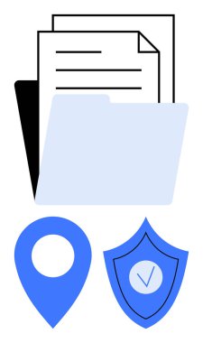 Belgelerle klasörü aç, işaretli mavi kalkanı ve konum pimini. Veri güvenliği, konum tabanlı hizmetler, erişim, uyum, mahremiyet, depolama sade iniş sayfası için ideal