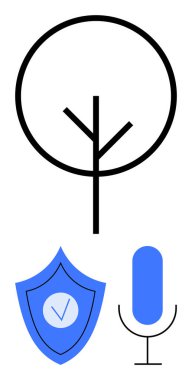 Minimalist ağaç, işaretli kalkan ve mikrofon simgesi. Doğa, güvenlik, ses teknolojisi, çevre, sürdürülebilirlik, iletişim için ideal basit iniş sayfası