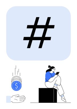 Üstveri etiketi belirgin bir şekilde gösteriliyor, kadın tabletle blokta oturuyor, madeni paralar bir elin içine düşüyor. Sosyal medya, çevrimiçi katılım, markalaşma, ödeme sistemleri, pazarlama, iletişim için ideal