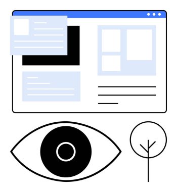 İçerik blokları içeren web sayfası düzeni, görüş veya izleme için bir göz sembolü ve basit bir ağaç simgesi. Kullanıcı arayüzü, web tasarımı, izleme, yaratıcılık, veri görselleştirme, sürdürülebilirlik için ideal